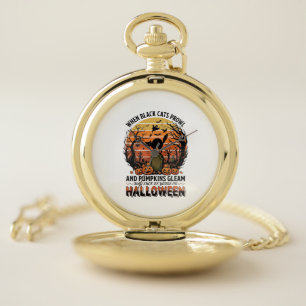 When Black Cats Prowl Halloween Cat Tombstone Pump Pocket Watch