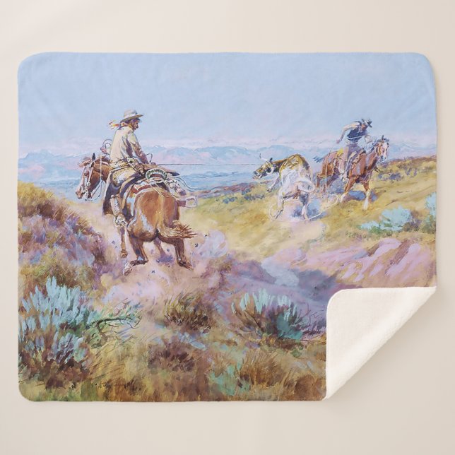 “When Cows Were Wild” by Charles M Russell Sherpa Blanket (Front (Horizontal))