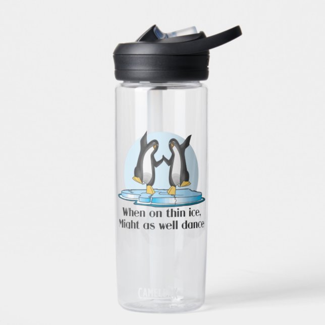 When On Thin Ice Penguins Funny Water Bottle (Left)