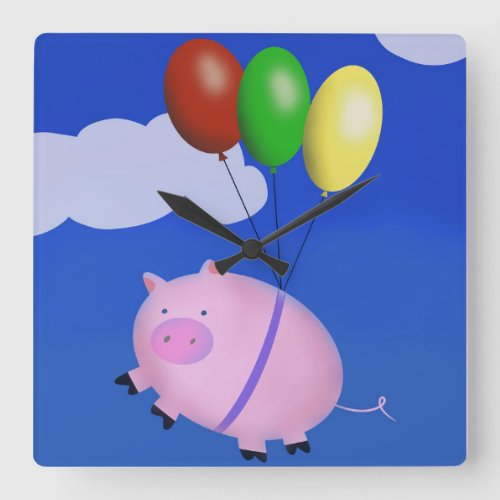 When Pigs Fly Cute Pig Floating Balloons Square Wall Clock