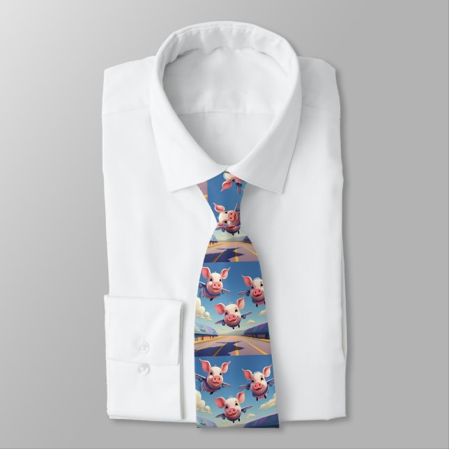 When Pigs Fly Funny Pig Airplanes Neck Tie (Tied)