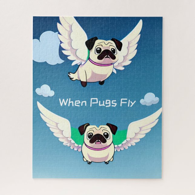 When pugs fly flying puppy face in the sky funny jigsaw puzzle (Vertical)
