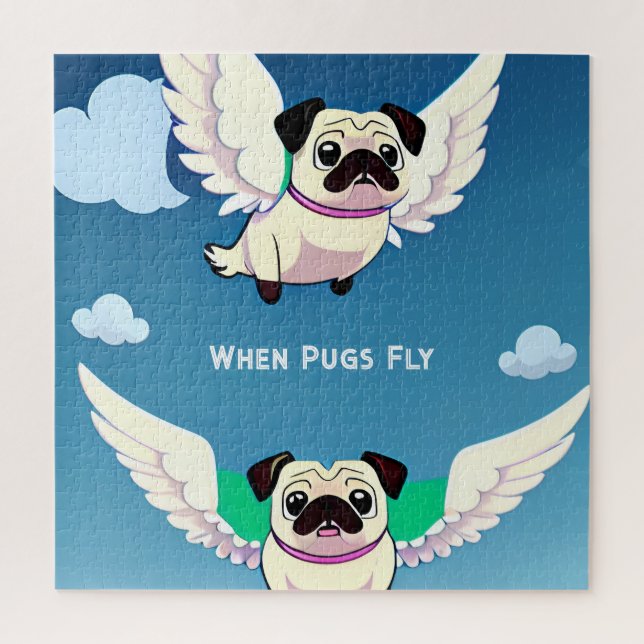 When Pugs Fly Funny and Cute Pugs Fly Through Sky Jigsaw Puzzle (Vertical)