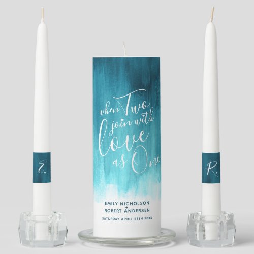 When two join with love as one abstract aqua teal unity candle set
