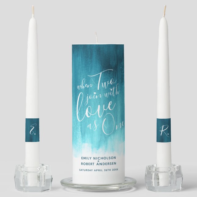 When two join with love as one abstract aqua teal unity candle set (Front)
