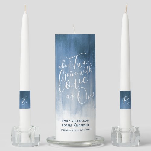 When two join with love as one abstract blue gray unity candle set