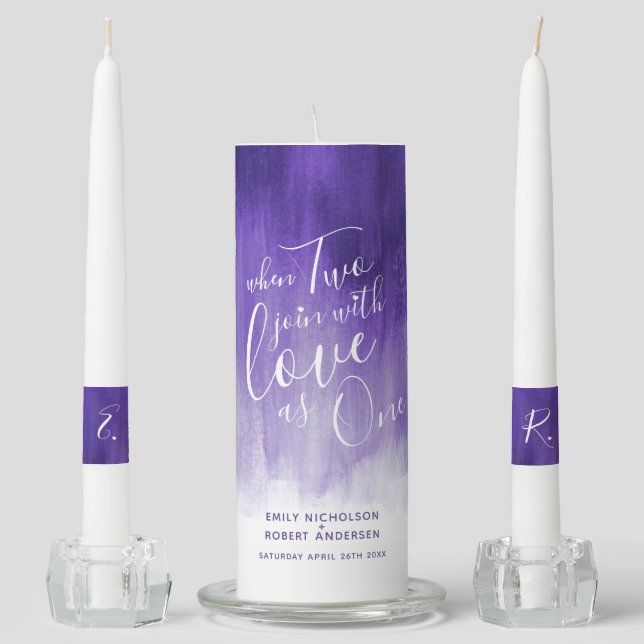 When two join with love as one abstract purple unity candle set (Front)