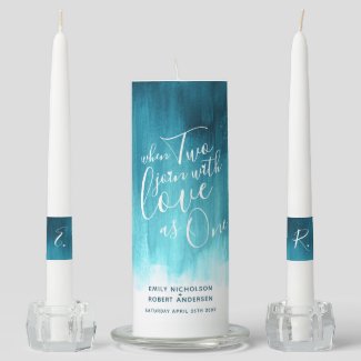 When two join with love as one abstract teal green unity candle set