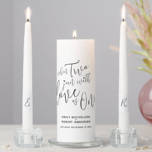 When two join with love as one black text on white unity candle set