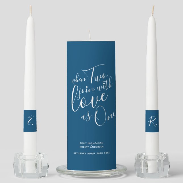 When two join with love as one blue white unity candle set (Front)