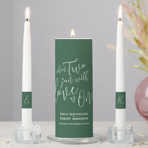 When two join with love as one dark green white unity candle set
