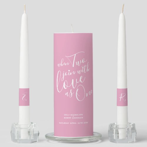 When two join with love as one dusty pink white unity candle set
