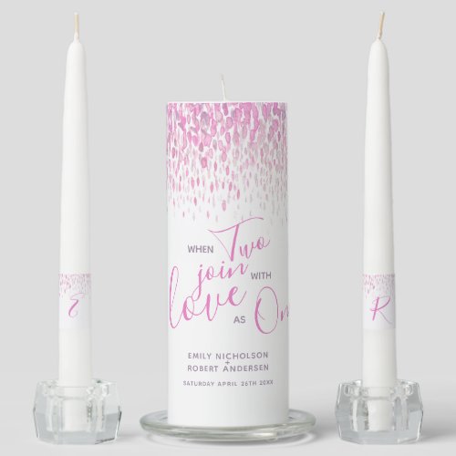 When two join with love as one pink cascade art unity candle set
