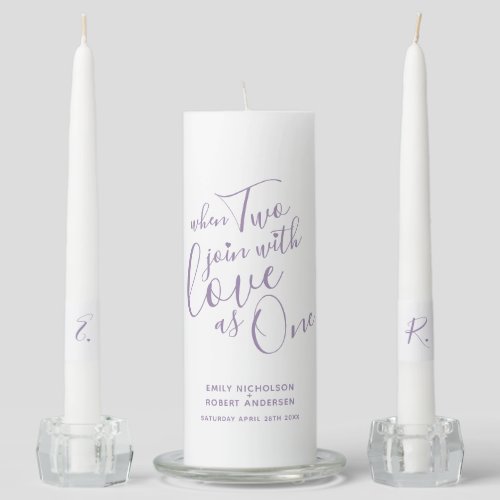 When two join with love as one white purple unity candle set
