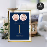 When We Were Age Photos Wedding Table No Navy Gold Invitation<br><div class="desc">When We Were Age Photos Wedding Gold Navy Blue Script Table Number Card. Available digitally and printed. A minimalist design with "When we were" in a set handwriting style script and your table number beneath. Easily personalise the number, replace the sample images with your own for that age which are...</div>
