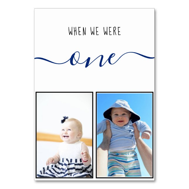 When We Were One Modern Blue Handwriting Wedding Table Number (Front)