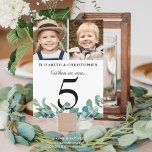 When We Were Photo Eucalyptus Wedding Table # Sign Invitation<br><div class="desc">Modern botanical wedding reception table number sign featuring eucalyptus greenery and two photos. Fun to have similar age photos on the same sign under the title WHEN WE WERE # and different photos on each table as guests mingle. Duplicated on both sides for two-sided viewing. CHANGES: The black text font...</div>