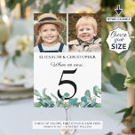 When We Were Photo Eucalyptus Wedding Table # Sign Invitation<br><div class="desc">Modern botanical wedding reception table number sign featuring eucalyptus greenery and two photos. Fun to have similar age photos on the same sign under the title WHEN WE WERE # and different photos on each table as guests mingle. Duplicated on both sides for two-sided viewing. CHANGES: The black text font...</div>