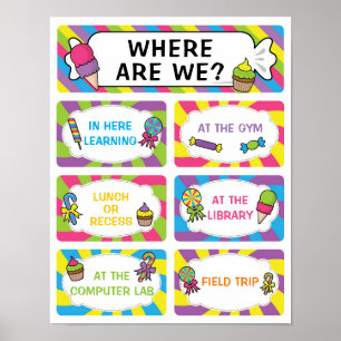 Where Are We Classroom Sign in Candy Theme