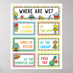 Where Are We Classroom Sign in Robot Theme