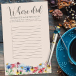 Where Did They Go? Wildflower Bridal Shower Game<br><div class="desc">Bridal Shower Game card, personalized with the names of the bride and groom. Designed for the wedding or bridal shower photo game "where were they" or "where did they go" with numbered lines for your guests to add up to 12 answers. This watercolor botanical design has a pretty border of...</div>