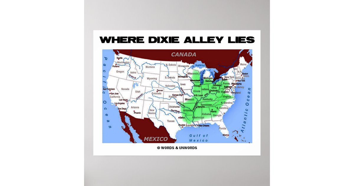 Where Dixie Alley Lies (United States Map) Poster Zazzle