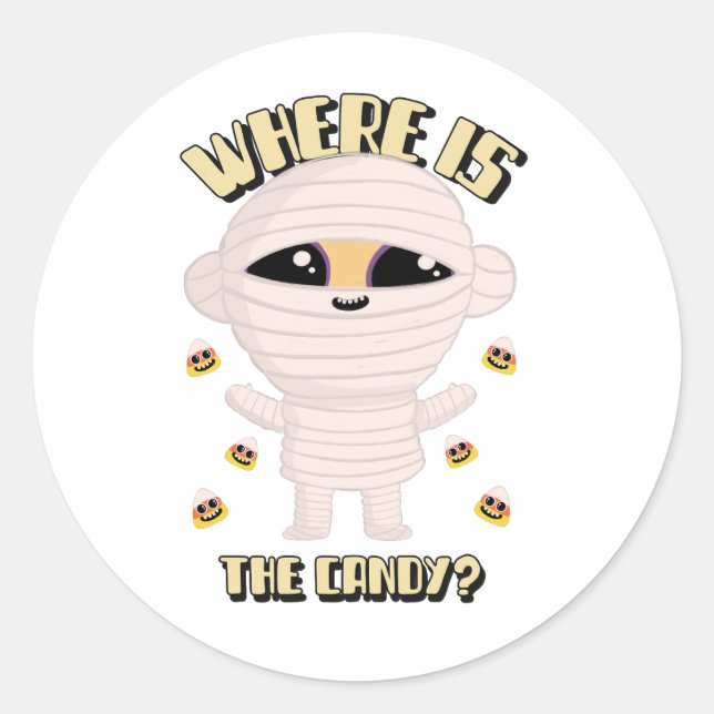 Where Is the Candy? Cute Mummy Halloween Sticker (Front)