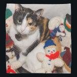 Where Is The Cat Bandana<br><div class="desc">Macy, a young, full blooded Calico cat has climbed into a basket of snowmen to cuddle and sleep. Looking for more prints or products? Feel free to visit my store: http://www.zazzle.com/timelessmomentsphtgy
This photo was taken by Jennifer White with Timeless Moments Photography. All images are copyrighted © Timeless Moments Photography.</div>