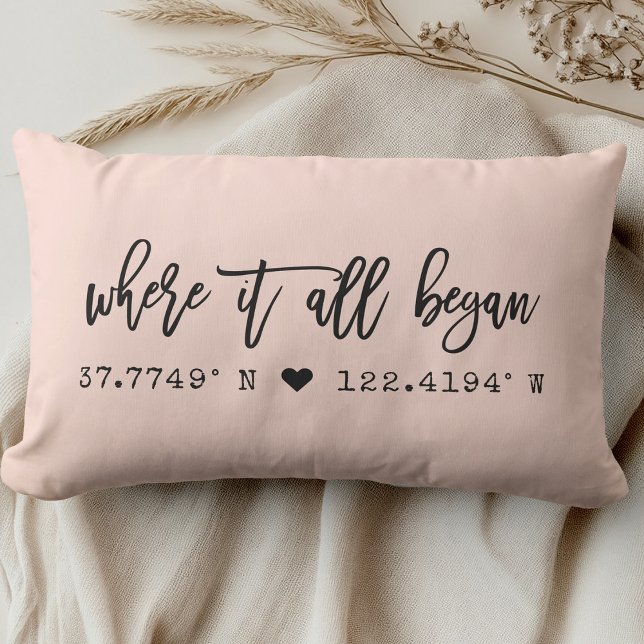 Where it all began Brush Script Pink Coordinates Lumbar Pillow (Creator Uploaded)