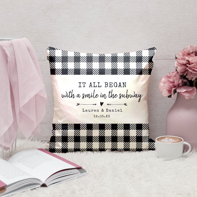 Where It All Began Ivory Plaid Valentines Day Throw Pillow (Creator Uploaded)