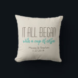 Where it All Began Mint Love Story Pillow<br><div class="desc">Embrace the enchanting beginnings of your love story with our "Where It All Began" Pillow in Mint and Natural Off-White! This bespoke accent piece beautifully encapsulates the moment you first connected, featuring your names, a significant date, and the location where your romance ignited. The soothing mint and natural off-white hues...</div>