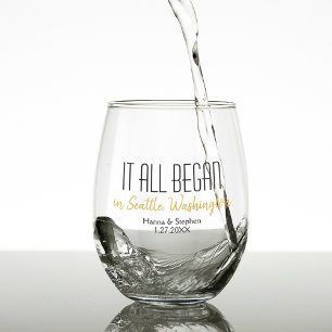 Where it All Began Newlywed Couple Home Town Stemless Wine Glass