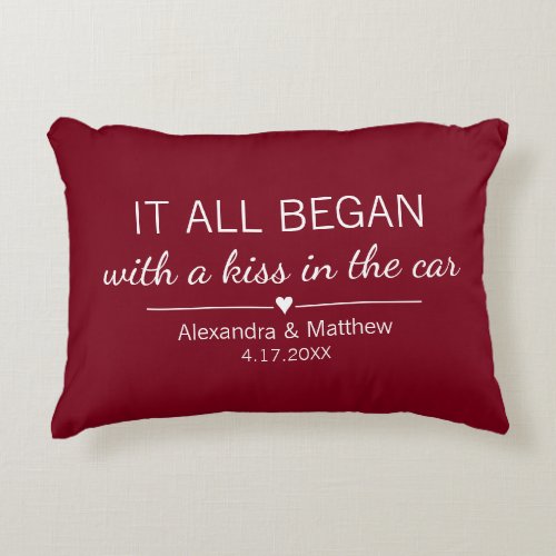 Where It All Began Romantic Personalized Couples Accent Pillow - Where it all began... Cute pillow featuring the location and the date you met, with an adorable heart. Choose your own color and personalize this custom design with your own names and text. Perfect gift to tell your love story on Valentine's Day, your Anniversary or Wedding, and celebrate the beginning of something special.