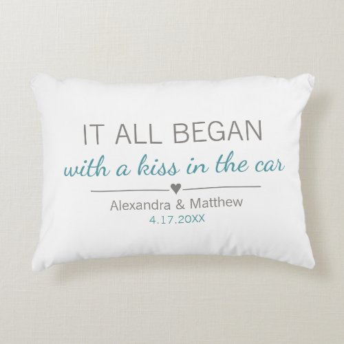 Where It All Began Romantic Personalized Couples Accent Pillow - Where it all began... Cute pillow featuring the location and the date you met, with an adorable heart. Choose your own color and personalize this custom design with your own names and text. Perfect gift to tell your love story on Valentine's Day, your Anniversary or Wedding, and celebrate the beginning of something special.