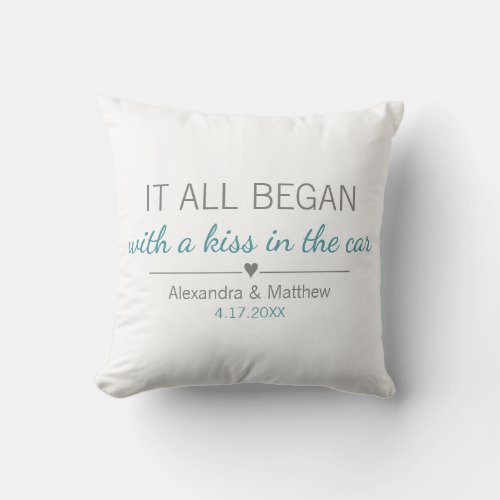 Where It All Began Romantic Personalized Couples Throw Pillow - Where it all began... Cute pillow featuring the location and the date you met, with an adorable heart. Choose your own color and personalize this custom design with your own names and text. Perfect gift to tell your love story on Valentine's Day, your Anniversary or Wedding, and celebrate the beginning of something special.