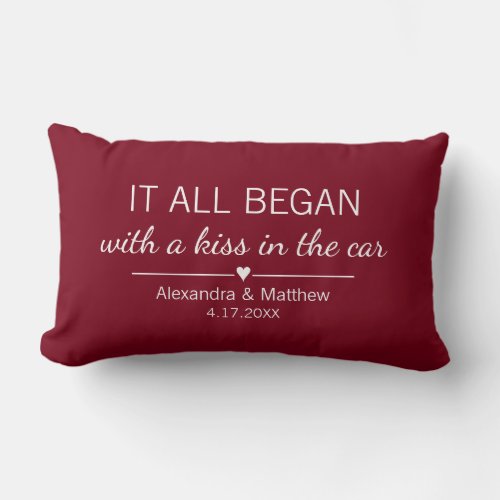 Where It All Began Romantic Valentines Day Couples Lumbar Pillow - Where it all began... Cute pillow featuring the location and the date you met, with an adorable heart. Choose your own color and personalize this custom design with your own names and text. Perfect gift to tell your love story on Valentine's Day, your Anniversary or Wedding, and celebrate the beginning of something special.