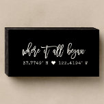 Where it all began Script Coordinates Valentine's  Wooden Box Sign<br><div class="desc">Minimalist black and white farmhouse-style wall art featuring elegant, modern script that reads “Where it all began” above your personalized coordinates. A timeless keepsake to mark the place you first met, this chic design pairs romantic typography with vintage typewriter lettering. Perfect as a Valentine’s Day gift, wedding present, or anniversary...</div>