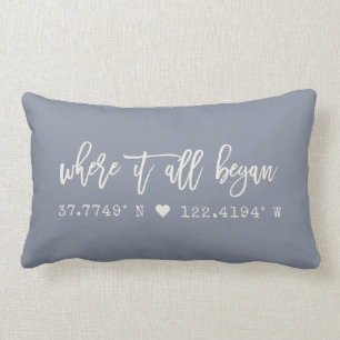 Where it all began Script Dusty Blue Coordinates Lumbar Pillow