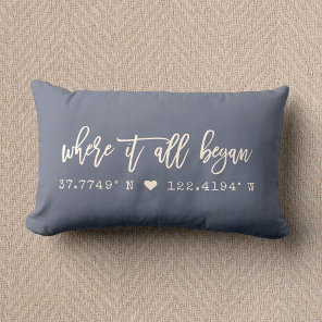 Where it all began Script Dusty Blue Coordinates Lumbar Pillow