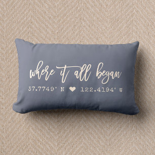 Where it all began Script Dusty Blue Coordinates Lumbar Pillow