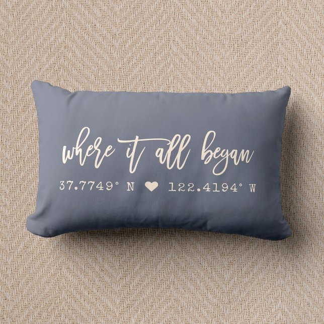Where it all began Script Dusty Blue Coordinates Lumbar Pillow (Creator Uploaded)