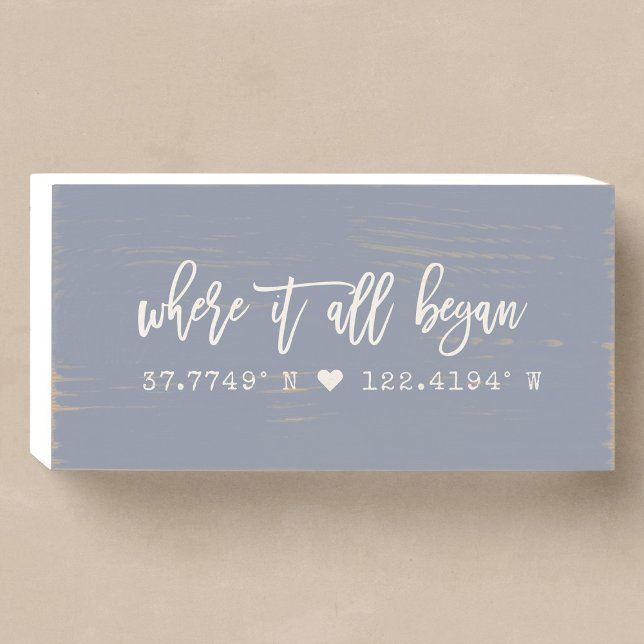 Where it all began Script Dusty Blue Coordinates Wooden Box Sign (Creator Uploaded)