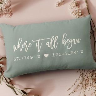 Where it all began Script Dusty Green Coordinates Lumbar Pillow