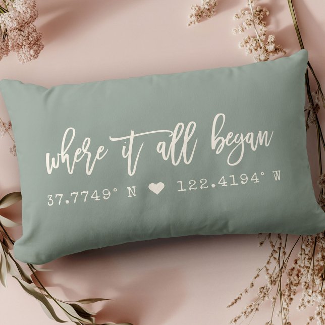 Where it all began Script Dusty Green Coordinates Lumbar Pillow (Creator Uploaded)