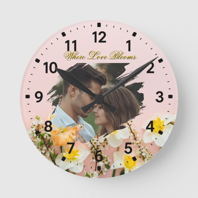 Where Love Blooms | Personalized Spring Romance  Round Clock (Front)