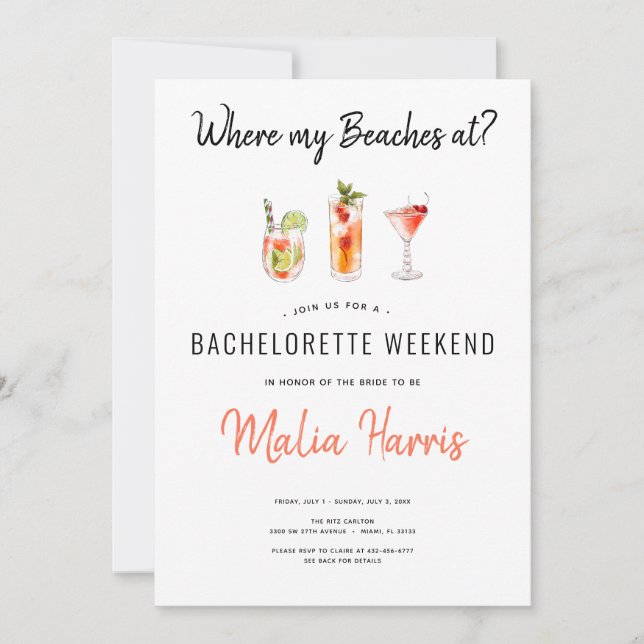 Where my Beaches at? Bachelorette Itinerary Invitation (Front)