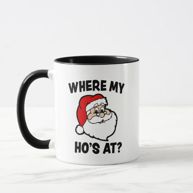 Where my Ho's at Funny Christmas Santa coffee mug (Left)