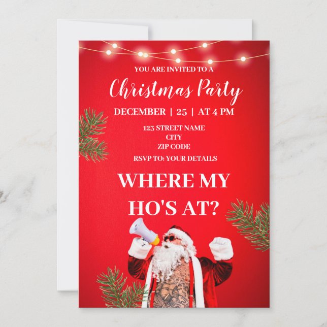 Where my ho's at rude funny christmas invitation (Front)