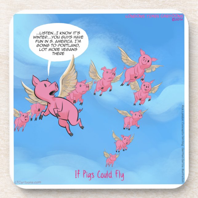 Where Pigs Fly Funny Vegan Cartoon Coaster (Front)