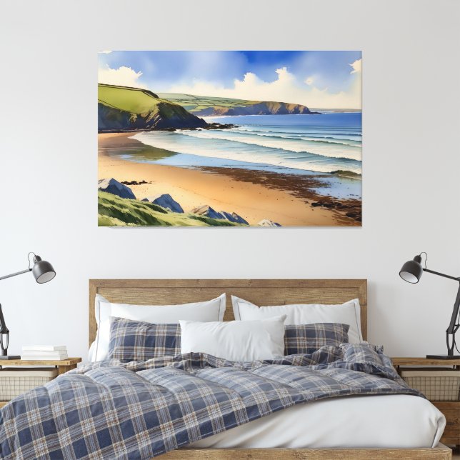 “Where Sky Meets Quiet Sand” – Devon Seascape Canvas Print (Insitu(Bedroom))